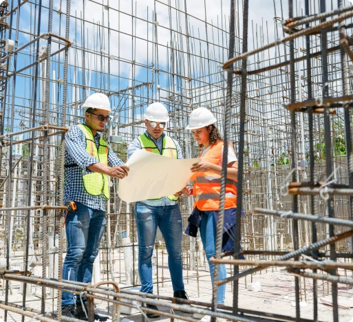 trois personnes dans le mérier de bâtiment qui regardent une grande feuille